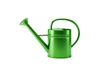 A pristine, vibrant metallic green watering can with a long, slender, upward-pointing spout in a spotless transparent studio, symbolizing future-focused sustainability