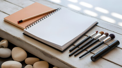 Creative workspace with makeup brushes, notebook, and pencil, ready for inspiration