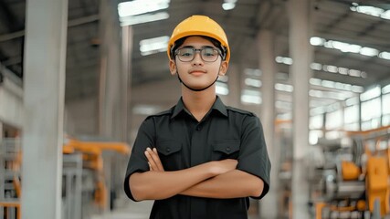 A young individual in safety gear stands confidently in a workshop, showcasing a spirit of ambition and craftsmanship with a bright future