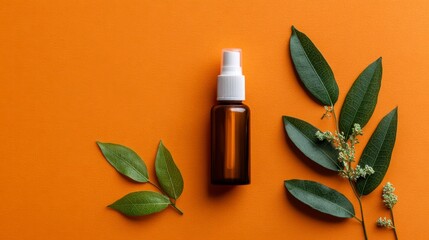 Brown bottle with a white cap sits on an orange surface surrounded by green leaves