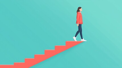 Woman walks up a red staircase on a teal background, looking forward