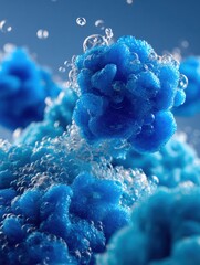 Fototapeta premium The vibrant blue textures intermingle with bubbles, resembling a lively underwater environment, illuminated by gentle, bright lighting.