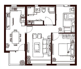 Floor plan of a small apartment.  Sketchy outline of rooms, furniture, and fixtures