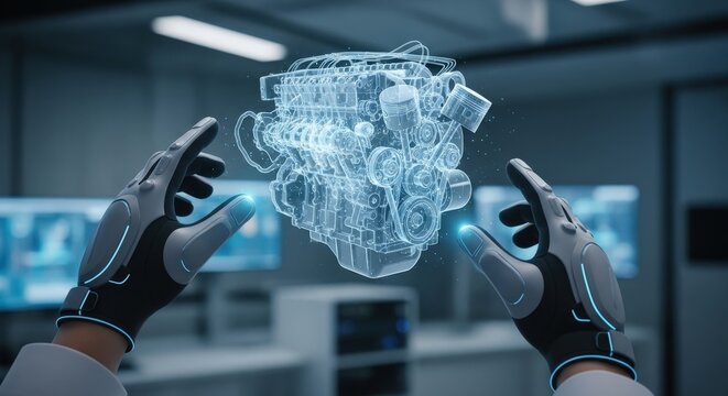Futuristic augmented reality interface displaying a holographic engine model, with gloved hands interacting with the digital projection