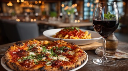 A delicious pizza and a plate of pasta with tomato sauce are served with a glass of red wine at a restaurant table