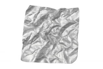 Crumpled silver foil paper displaying intricate wrinkles, floating against transparent backdrop for creative graphic design needs
