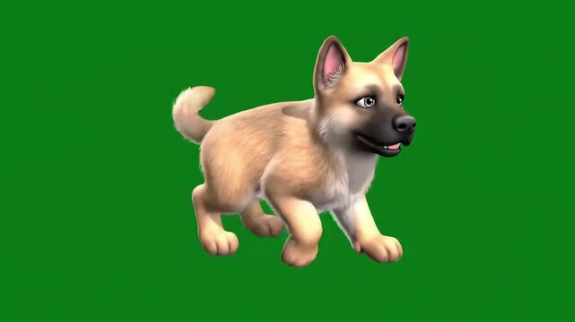 A playful cartoon german shepherd puppy walks across a vibrant green screen background in a cheerful cartoon style perfect for children's books illustrations website banners or