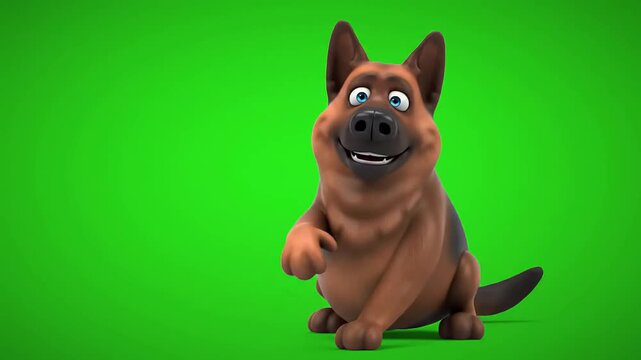 A playful cartoon german shepherd sits against a vibrant green screen background showcasing a happy mood and friendly demeanor ideal for children's books websites or animated