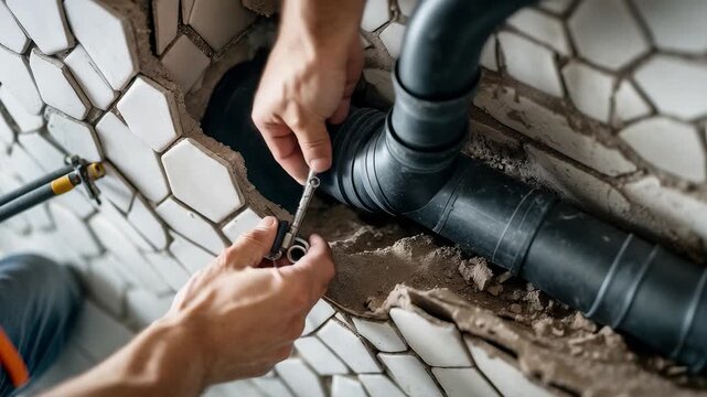 Plumber repairing black plastic drainage pipe inside tiled wall using wrench tool during maintenance and construction work in bathroom interior