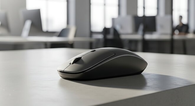 A computer mouse rests on a desk in a modern office setting