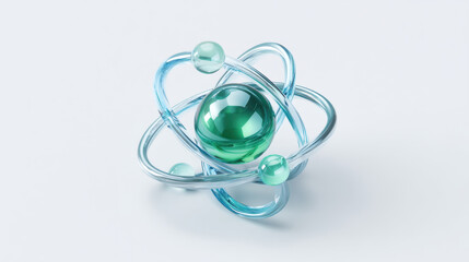 Vibrant cartoon style atom icon featuring a central nucleus with three colorful electron orbits, background for modern science art illustrations.  3d illustration. The blue crystal gloss texture. icon