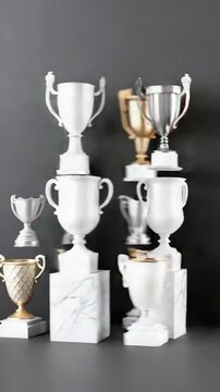 Various trophies beautifully arranged showcase intricate designs and gleaming finishes against a contemporary wall backdrop