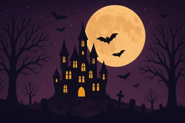 Haunted house with bats under full moon