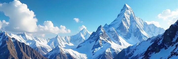 Rugged, snow-capped peaks pierce a vibrant blue sky; a dramatic, inspiring mountaineering landscape perfect for adventure and travel imagery ,  wilderness,  nature