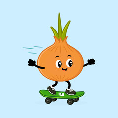 A happy onion character is skateboarding with a cheerful expression