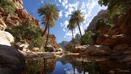 Oasis valley, palm trees, reflecting in tranquil water
