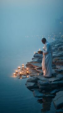 Elderly Indian man in a white dhoti performs Tarpan ritual at sunrise on a riverbank, offering black sesame seeds. Pitru Paksha, Mahalaya Amavasya. Soft mist surrounds the serene scene