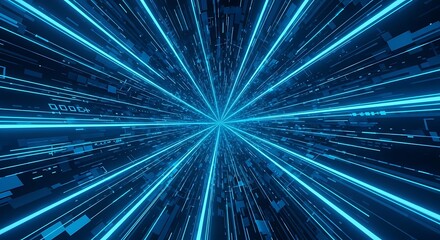 Abstract blue light tunnel with digital data streams