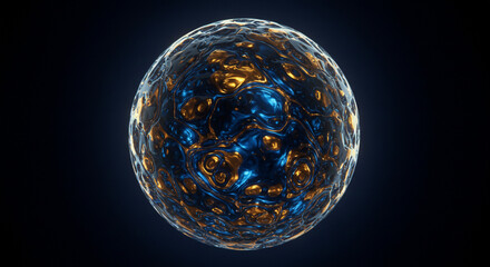 Naklejka premium Captivating abstract sphere with swirling metallic blue and gold liquid textures, perfect for science and technology concepts.