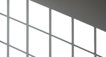 Smooth, light grey wall in a minimalist indoor setting, illuminated by natural daylight with sharp, grid-like geometric window shadows creating a precise pattern, modern architectural background