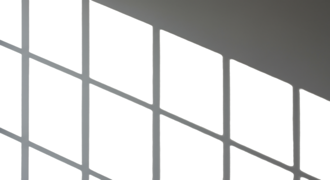 Smooth, light grey wall in a minimalist indoor setting, illuminated by natural daylight with sharp, grid-like geometric window shadows creating a precise pattern, modern architectural background