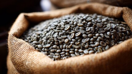 Burlap sack filled with unroasted pale green coffee beans closeup