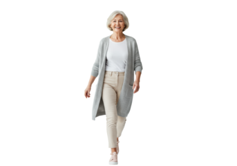 Elegant, smiling elderly caucasian woman, 65-75, in neutral casual wear and sneakers, walking confidently on a bright white studio background, concept of vital active aging