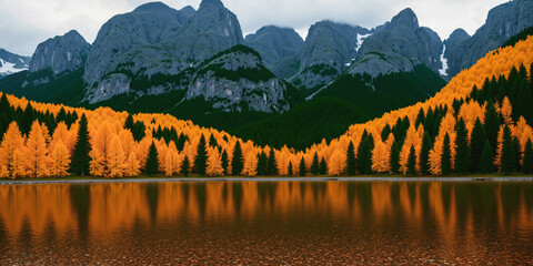 A clear lake with reflections, with a forest of autumn leaves and mountains in the background. AI generated.