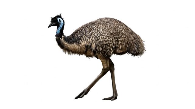 An emu with its distinct bluish neck and brown feathered body standing against a plain white background