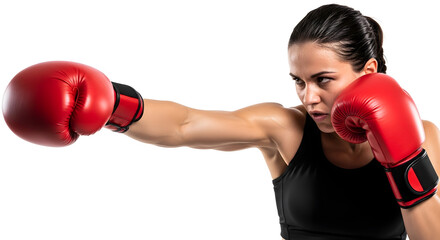 Strong Female Boxer Punching with Red Boxing Gloves on White Background
