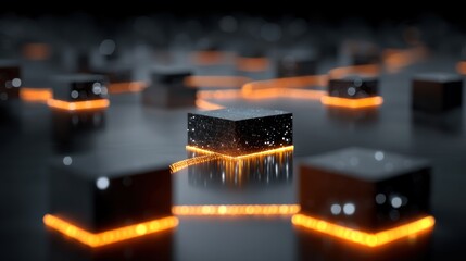 Dark, futuristic cubes with glowing orange bases connected by light lines, symbolizing a digital network or blockchain