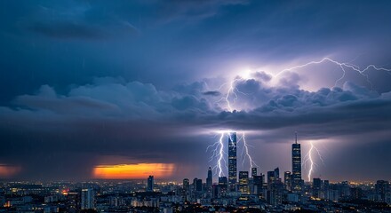Dramatic lightning strikes illuminate a city skyline during a storm