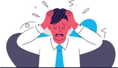 Young man in white shirt experiencing intense stress and overwhelm at work illustration
