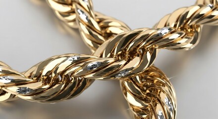 Close-up view of a luxurious, intricately braided gold rope chain necklace, showcasing its polished links and subtle sparkle.