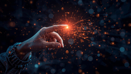 Human hand touching glowing digital network point with orange light particles and futuristic connections