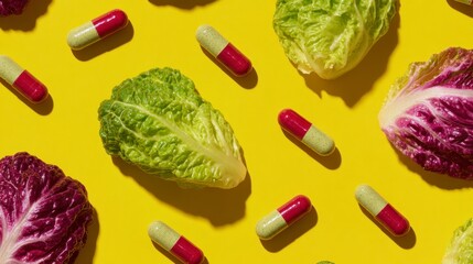 Cabbage and pills arranged on a yellow background