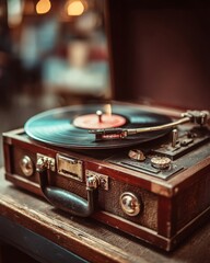 Vintage record player with a vinyl disc on a wooden table, evoking nostalgia and classic music