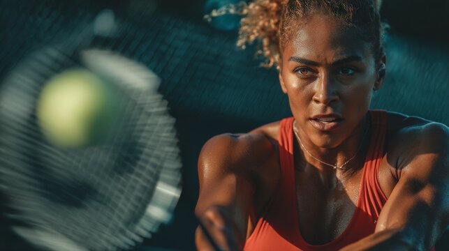 Closeup of a sweaty womans face during a strenuous workout, with a fan blurred in the background, emphasizing exertion and determination