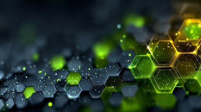 Abstract digital art featuring glowing green hexagons and geometric shapes with a dark, futuristic background, representing technology and data