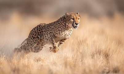 Naklejka premium Cheetah in motion across a golden savanna