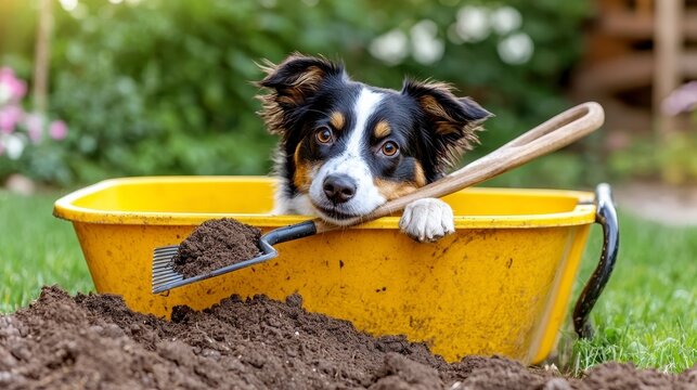 A comical Border Collie puppy holds a garden rake in its mouth, ready to assist in gardening tasks amidst a vibrant garden setting.