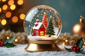 Magical christmas snow globe with cozy village scene and twinkling lights