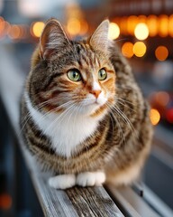 Closeup portrait of a tabby cat with green eyes sitting on a wooden railing with blurred city lights background