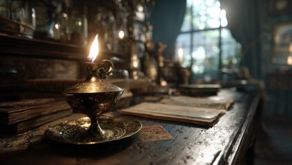 Antique brass oil lamp on aged wooden desk