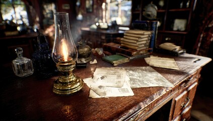 Antique desk with documents and lamp