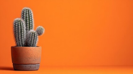 Cactus in a textured terracotta pot against a solid orange background