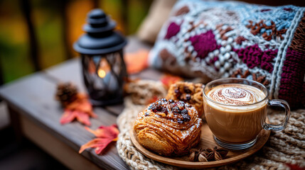 Fototapeta premium Autumn picnic composition with bakery pastries and warm drink on wooden table surrounded by cozy knitted fabric and soft lighting