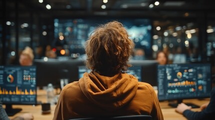 Back view of a person with curly hair wearing a hoodie, looking at multiple computer screens with data in a modern office