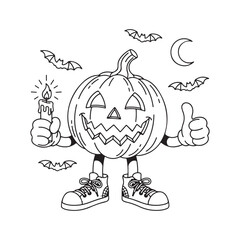 Cartoon pumpkin character with candle gives a thumbs up under a crescent moon and bats