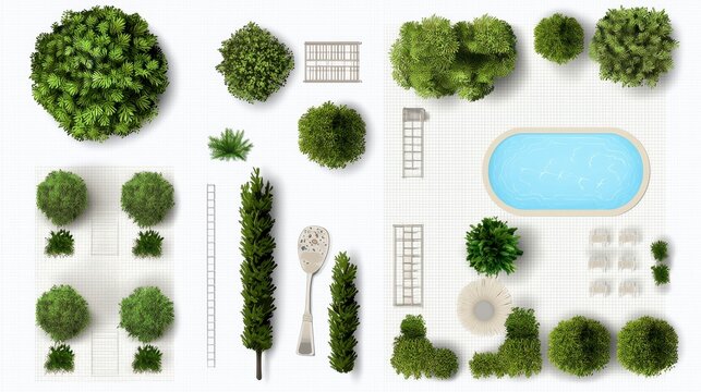 A detailed vector set for landscape design featuring trees, flower beds, playgrounds, ponds, and more, shown from a top view.
